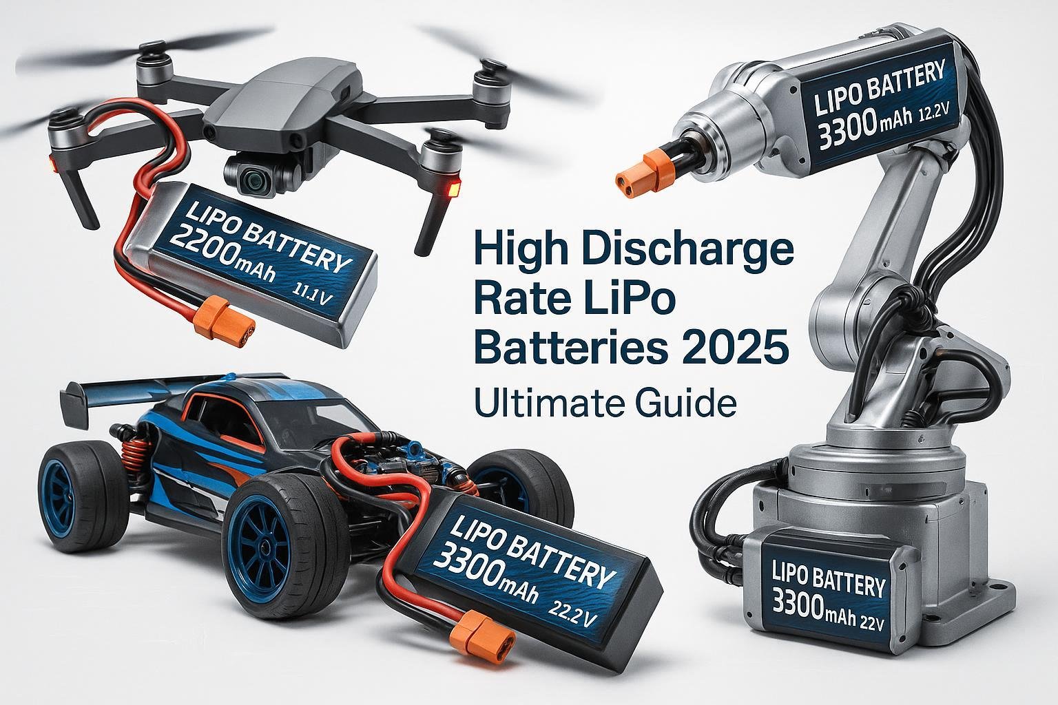 Cover image for the Ultimate Guide: High Discharge Rate LiPo Batteries 2025, showcasing top batteries powering drone, RC car, and industrial robot in a sleek, high-tech style.