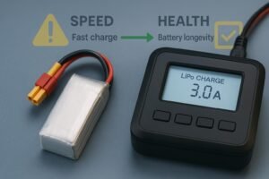 Choosing the right LiPo battery charging rate with charger, battery, and safety icons.