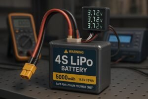 4S LiPo battery pack with balance charger and cell voltage monitor on workbench