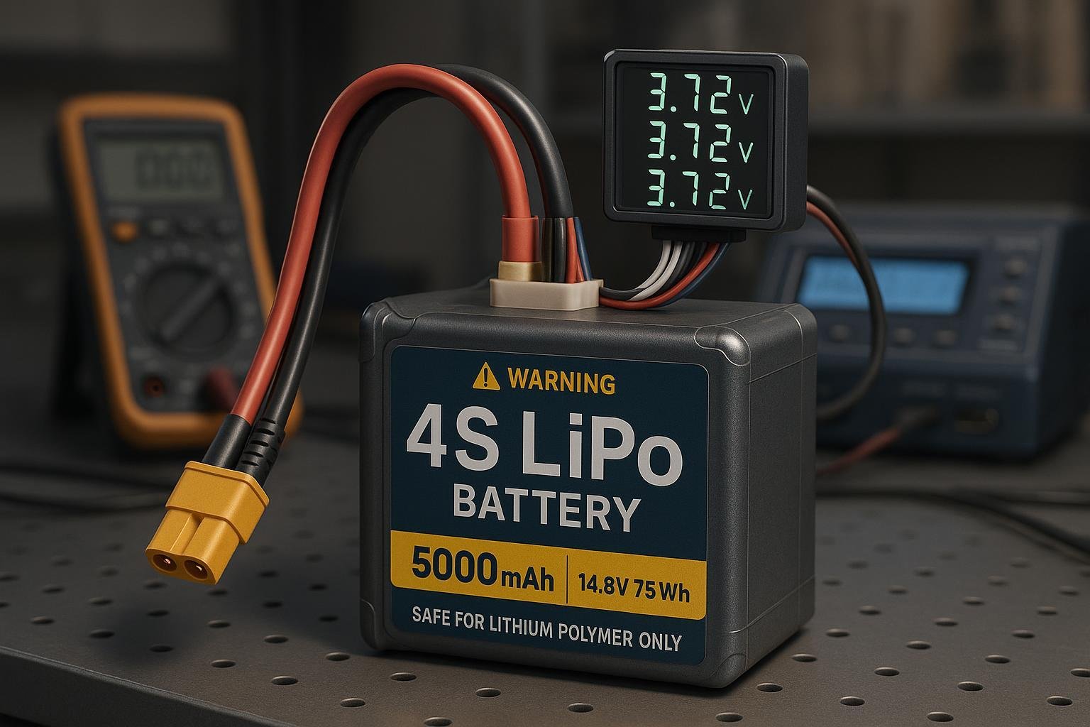 4S LiPo battery pack with balance charger and cell voltage monitor on workbench