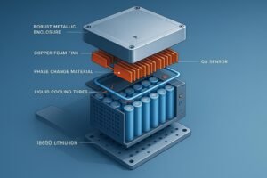 Exploded technical diagram of innovative 18650 battery pack showing advanced protection and thermal features