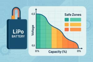 LiPo voltage chart cover image featuring battery, chart curve, and color-coded zones