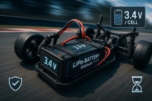 A modern RC race car with LiPo battery and voltage meter, symbolizing best practices for performance and longevity.