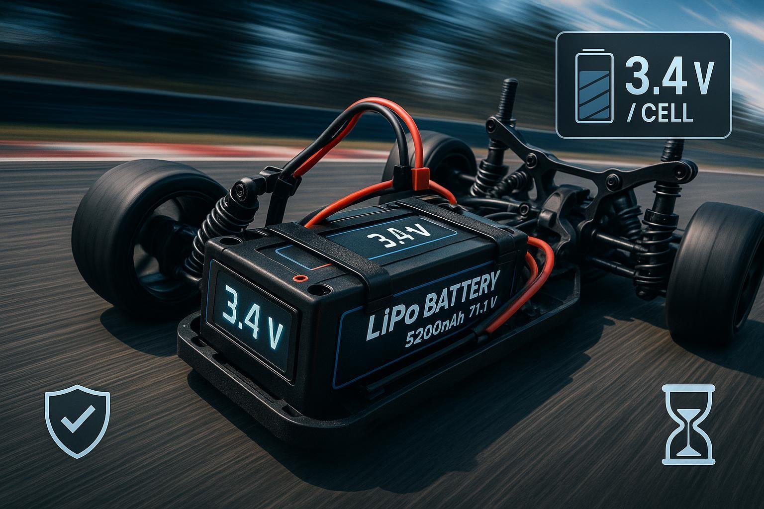 A modern RC race car with LiPo battery and voltage meter, symbolizing best practices for performance and longevity.