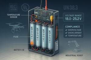 Technical cutaway diagram of a 6S lithium-ion battery pack with BMS, wiring, industrial drone and robot applications, and regulatory/checklist overlays.