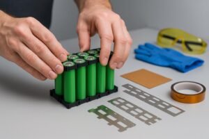 Hands arranging 18650 battery cells step-by-step in a secure custom configuration, workshop background.