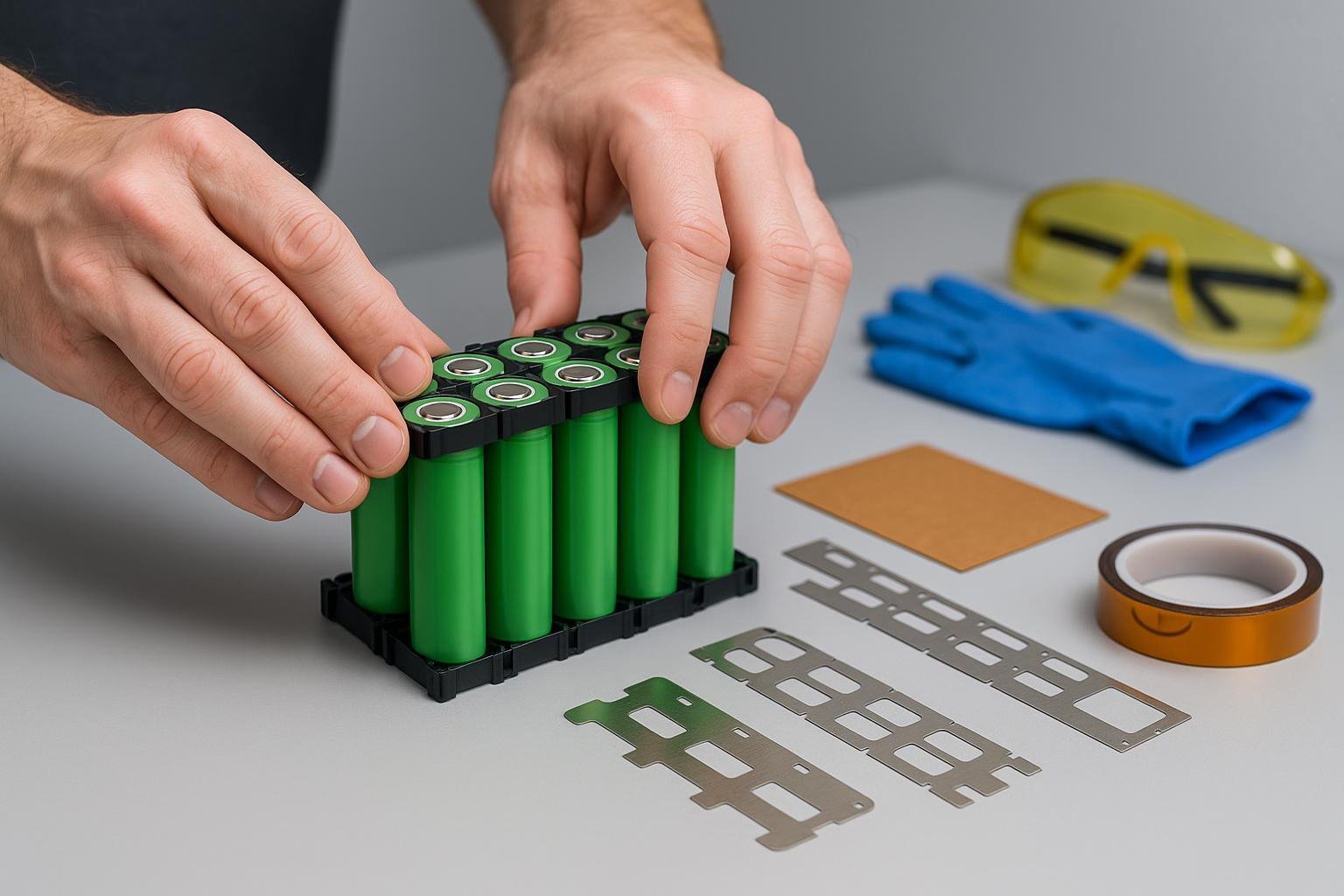 Hands arranging 18650 battery cells step-by-step in a secure custom configuration, workshop background.