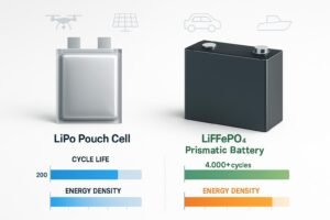 Comparison of LiPo vs LiFePO4 batteries in 2025 with overlayed key specs and use case icons.