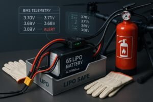 6S LiPo battery voltage management in high-power drone workshop, showcasing advanced monitoring and safety protocols.