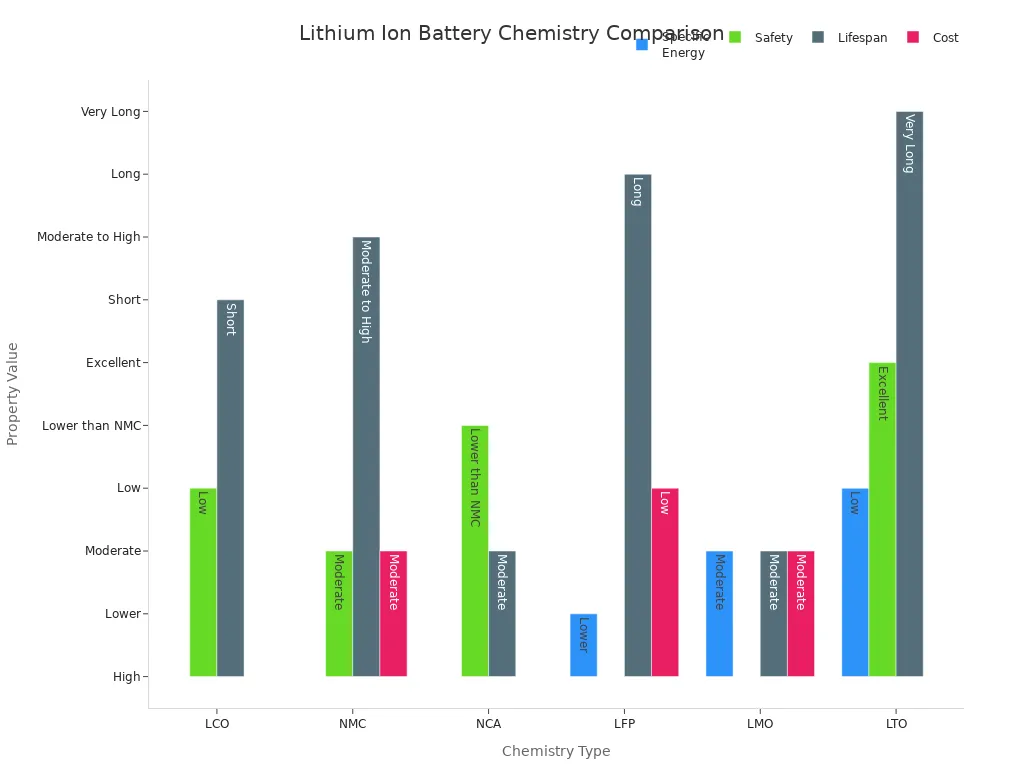 Bar charts comparing specific energy, safety, lifespan, and cost across six lithium ion battery chemistries