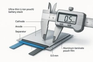Cross-section of an ultra-thin LiPo (Li-ion pouch) battery showing sub-1.0 mm stack with aluminum-laminate pouch and 0.5 mm gauge.