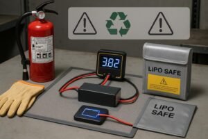 Cover image: Safe LiPo battery discharge setup with voltmeter, safety bag, and fire extinguisher on a workbench.