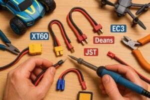 Selection of LiPo connectors for RC—XT60, XT30, Deans, EC3, JST—on a workbench with tools and RC models, ready for installation.