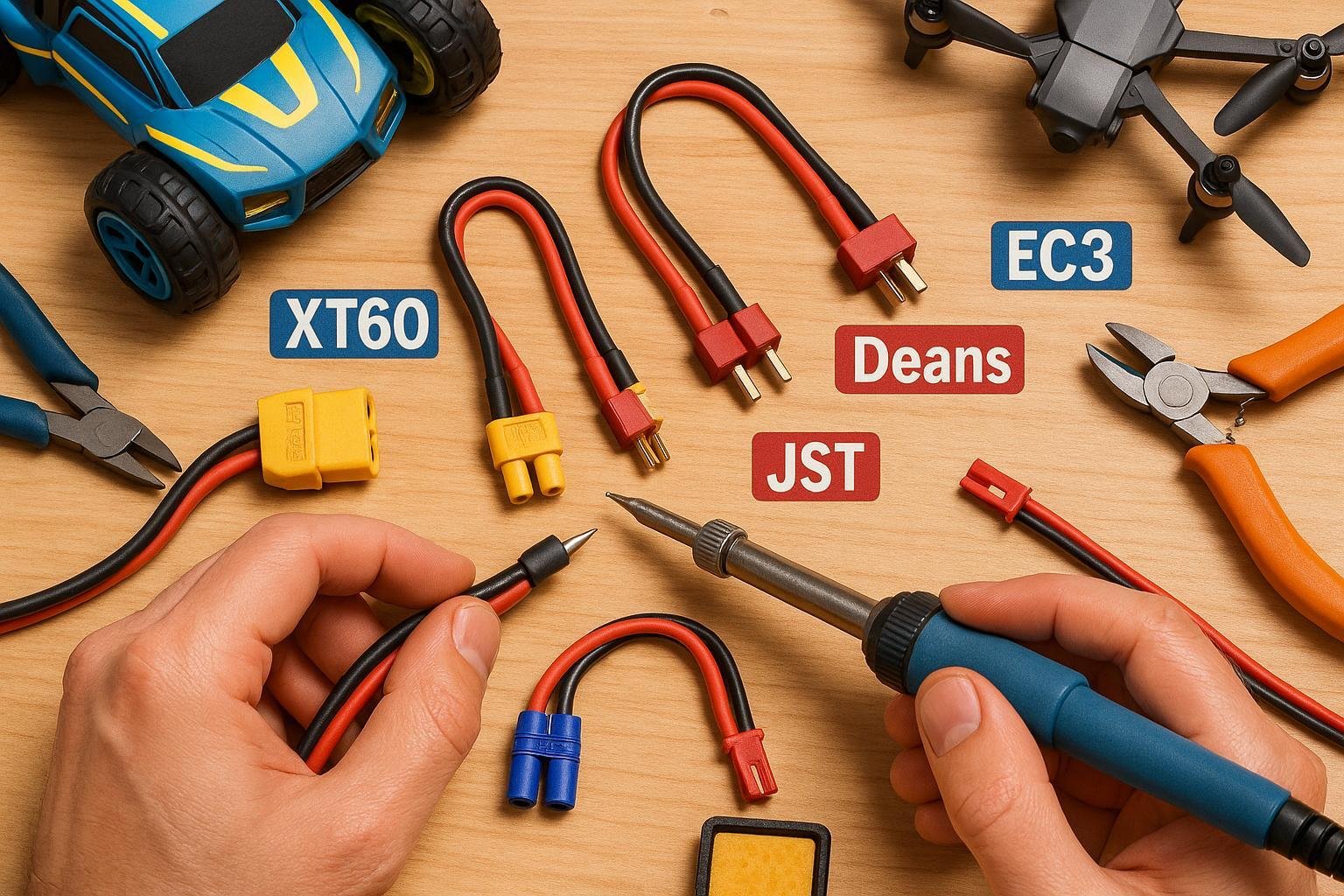 Selection of LiPo connectors for RC—XT60, XT30, Deans, EC3, JST—on a workbench with tools and RC models, ready for installation.
