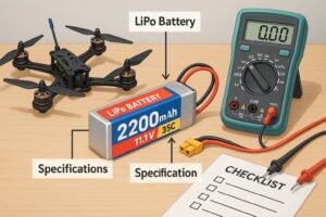 Workbench with drone, LiPo battery, multimeter, and checklist for choosing discharge rates.