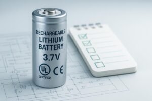 Modern close-up of a 3.7V rechargeable lithium battery with certification marks and a checklist.