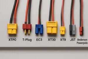 Photorealistic top-down view of various LiPo battery connector types (XT60, Deans, EC3, XT30, XT90, EC5, JST, Anderson Powerpole) arranged on a workbench with labels.