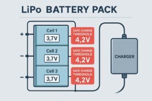 LiPo battery pack diagram showing cell count, charging voltages, and safety thresholds