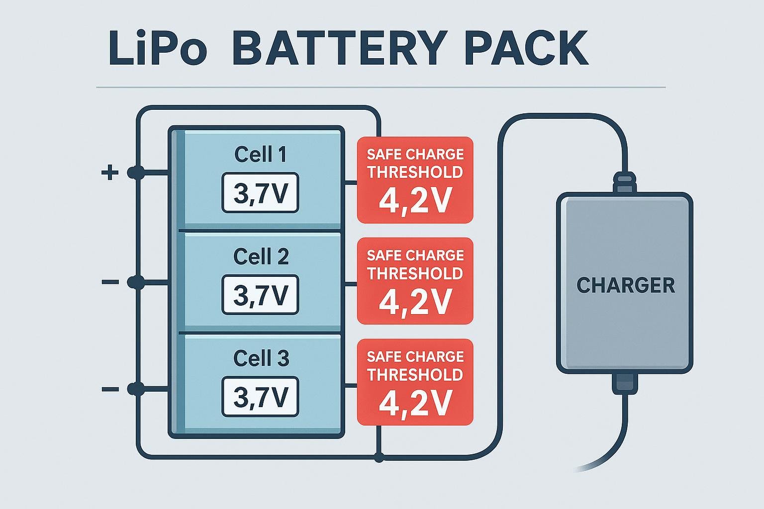 LiPo battery pack diagram showing cell count, charging voltages, and safety thresholds