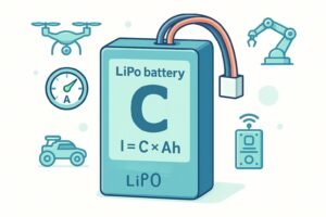 LiPo battery C rating explained with current gauge and formula I = C × Ah, surrounded by drone, RC car, robot, and IoT icons.