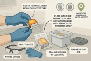 Cover: Safely preparing a LiPo battery for recycling—terminals taped, bagged, and placed in a non-metal container with padding.