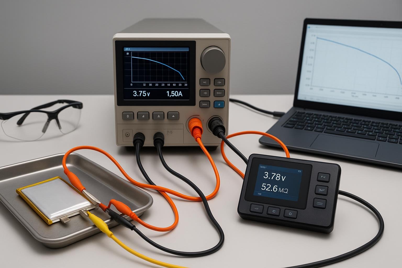 Professional LiPo battery health testing setup with Kelvin probes, electronic load, smart charger, and data logging on a lab bench.