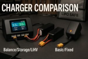 Advanced LiPo balance charger vs basic LiPo charger on an RC workbench with LiPo packs and safety gear
