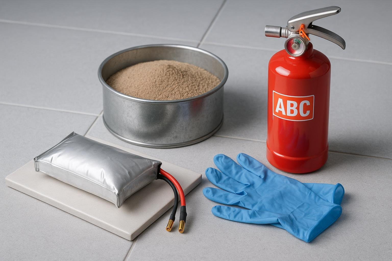 Swollen LiPo battery isolated on ceramic tile with metal container of sand and ABC fire extinguisher