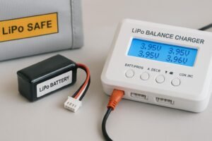 LiPo battery with JST-XH balance connector beside a balance charger showing per-cell voltages, in a safe charging setup.