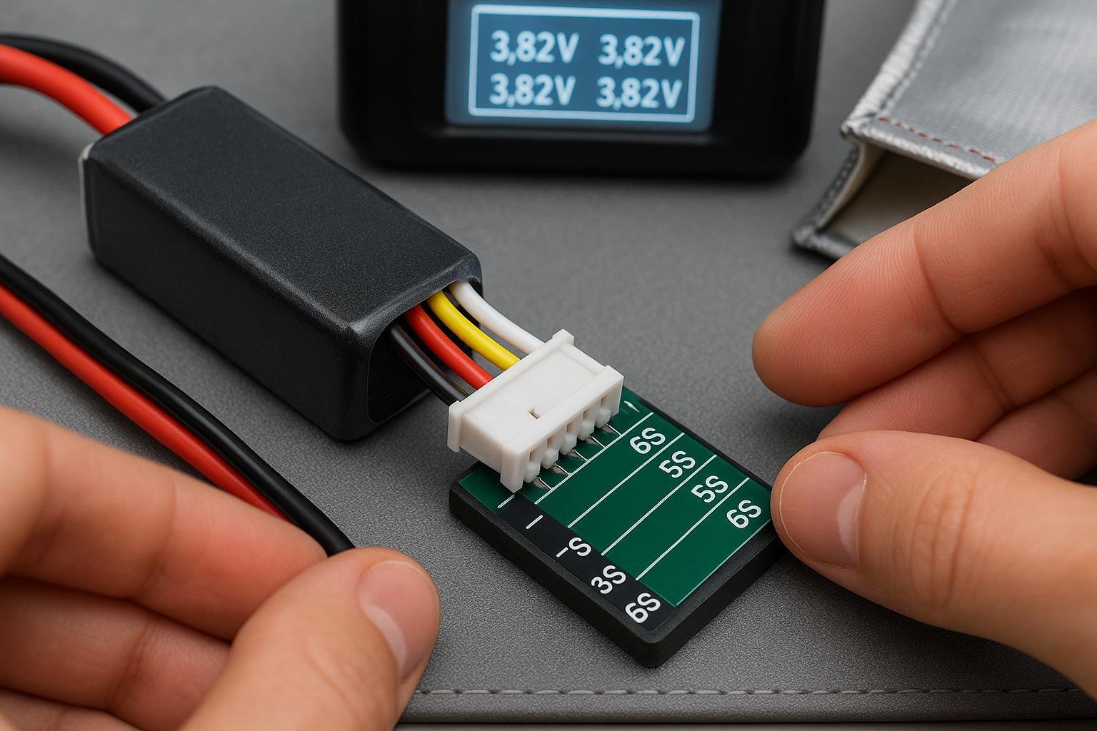 Aligning a JST-XH LiPo balance connector to a balance board on a fire-resistant charging mat