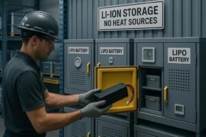 Professional LiPo battery storage with temperature and humidity controls and vented fire-resistant cabinets