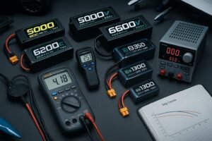 RC LiPo batteries for cars, drones, planes, and boats on a test bench with instruments