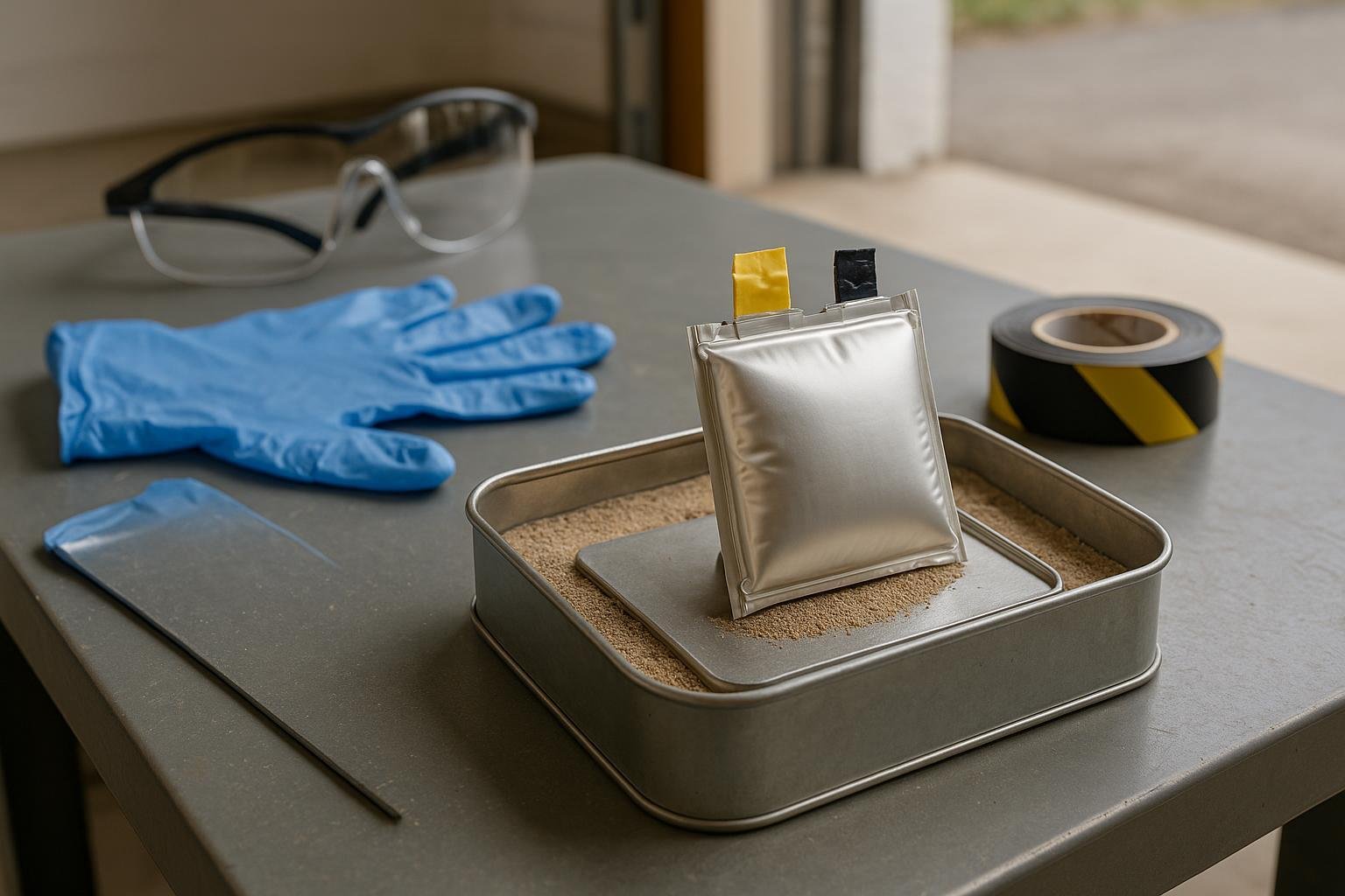 Swollen LiPo battery safely contained in a metal tin with sand, terminals taped, on a workbench with PPE.