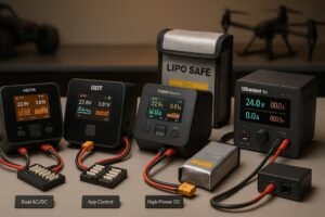 RC LiPo smart chargers on a workbench with XT60 leads, balance boards, and a LiPo-safe bag