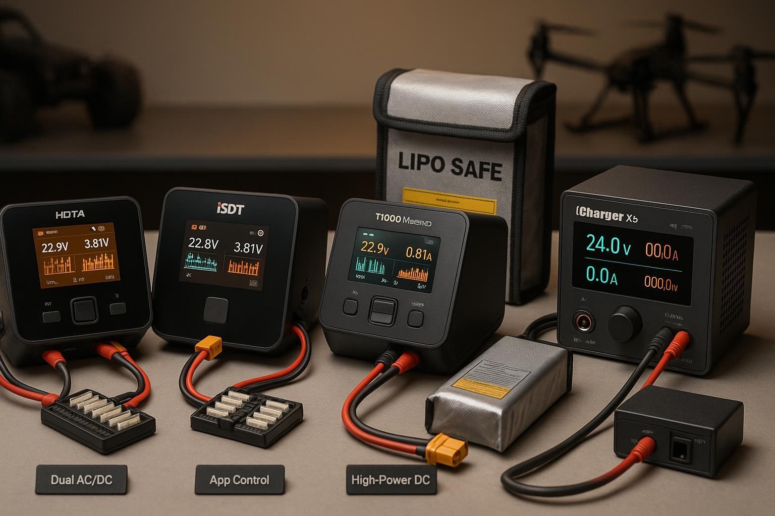 RC LiPo smart chargers on a workbench with XT60 leads, balance boards, and a LiPo-safe bag