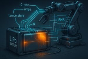 LiPo battery discharge rate visualization for high-demand industrial applications with BMS and thermal overlays