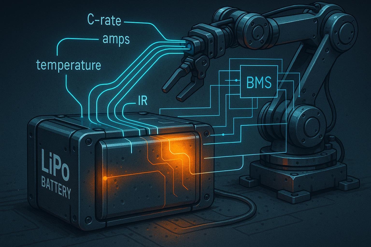 LiPo battery discharge rate visualization for high-demand industrial applications with BMS and thermal overlays