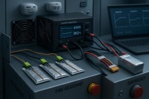 Professional LiPo battery charging station with balance leads, CC/CV charger, and safety equipment