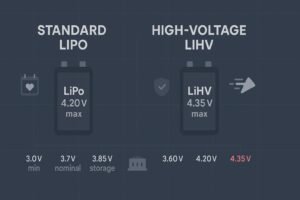 Cover image comparing Standard LiPo (4.20V) vs LiHV (4.35V) charge voltages with safety and balance charging icons.