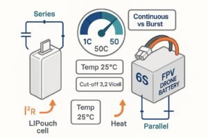 Cover image: C‑rate explained for LiPo batteries—continuous vs burst, temperature and cutoff conditions, and series/parallel scaling.