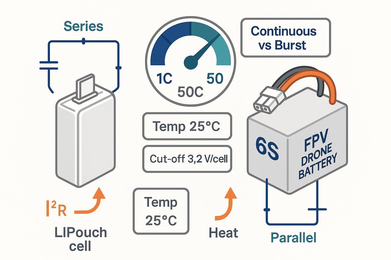 Cover image: C‑rate explained for LiPo batteries—continuous vs burst, temperature and cutoff conditions, and series/parallel scaling.
