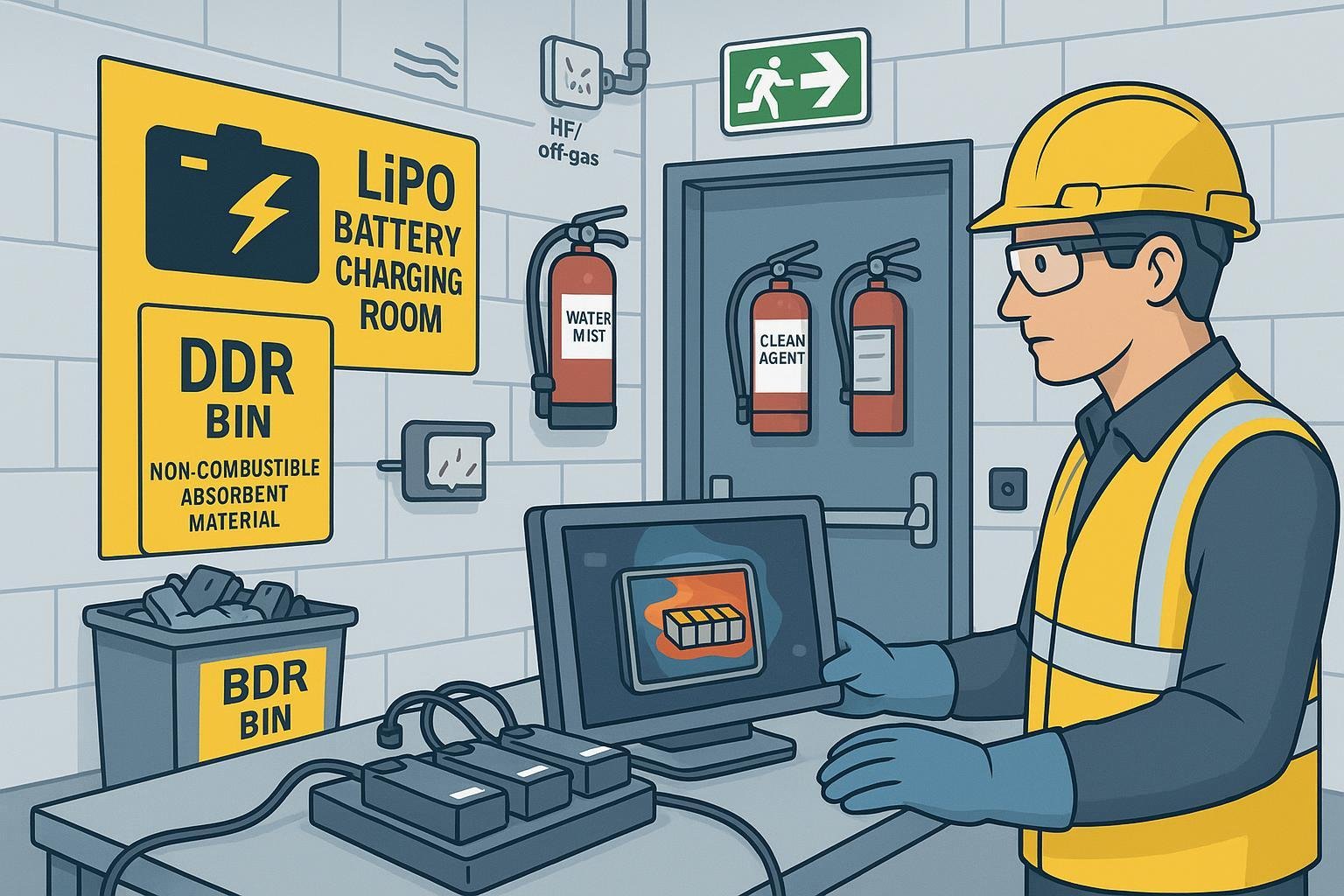Factory LiPo battery safety: supervised charging room, DDR bin, dual-class extinguishers, and early detection monitoring.