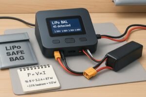 4S LiPo charger connected with balance lead on a safe RC workbench, showing P=V×I wattage math.