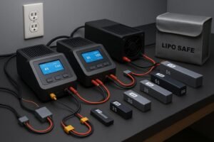 RC fast-charging setup with dual-channel chargers, LiPo packs, and safety gear on a clean workbench