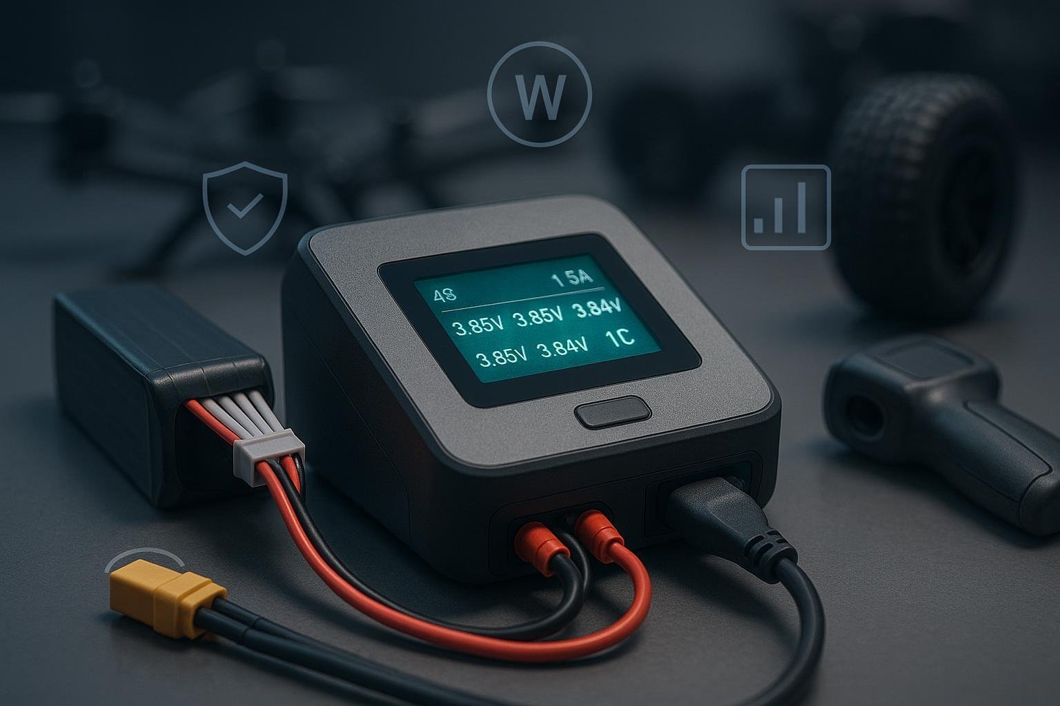Modern RC LiPo charger balancing a pack on a workshop bench with RC gear in the background