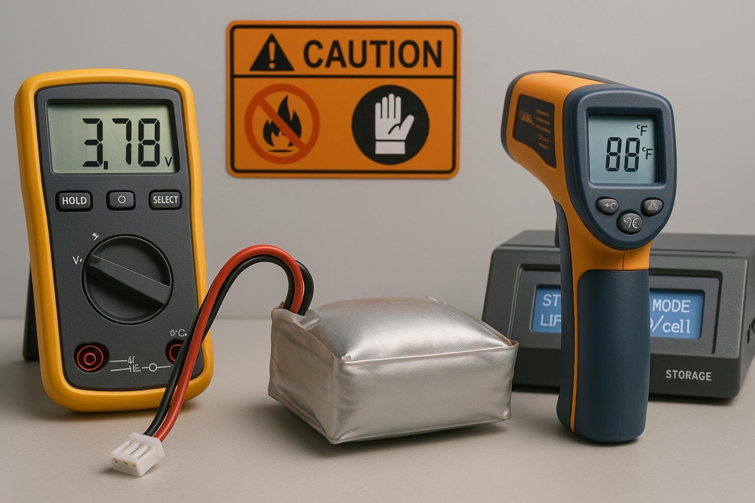 Slightly swollen LiPo battery with multimeter and balance charger set to storage mode, emphasizing safe handling.