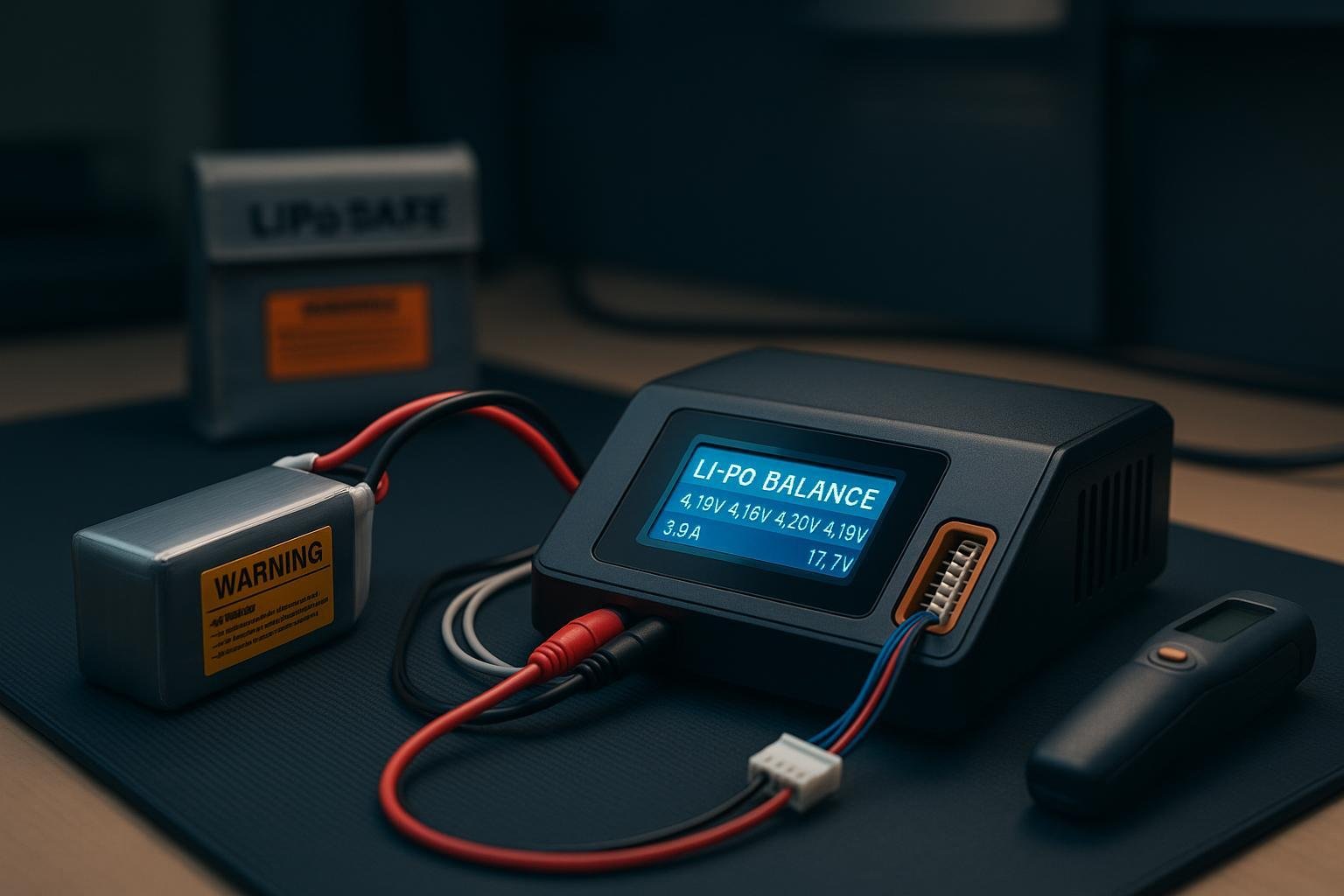 LiPo battery connected to a balance charger on an ESD mat with safety gear in a modern lab.