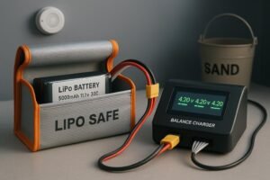 LiPo battery charging safely in a fire-resistant bag with a balance charger, showing per-cell voltages.