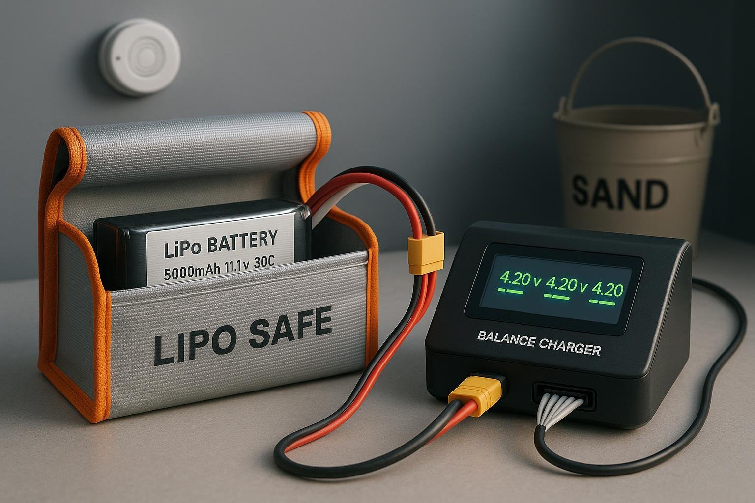 LiPo battery charging safely in a fire-resistant bag with a balance charger, showing per-cell voltages.