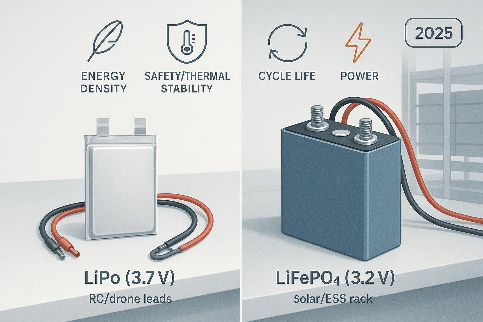 Cover image: LiPo vs LiFePO4 battery comparison with lab bench visuals and 2025 badge